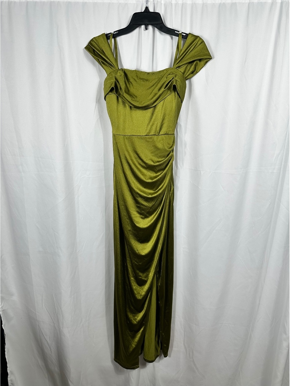 Popilush Olive Green Satin Evening Gown Dress Built In Shapewear Size Small